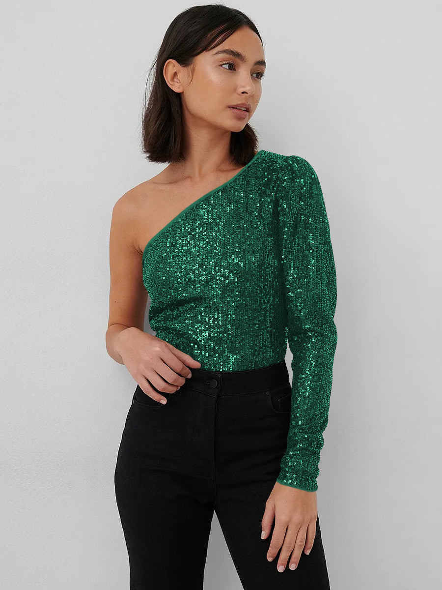 Janella Sequin One-Shoulder Bodysuit - Emerald