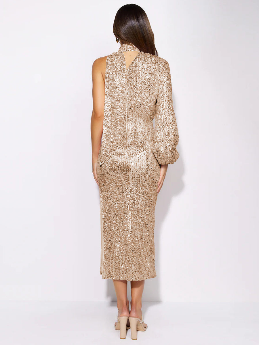Layton Sequin One-Shoulder Midi Dress - Champagne