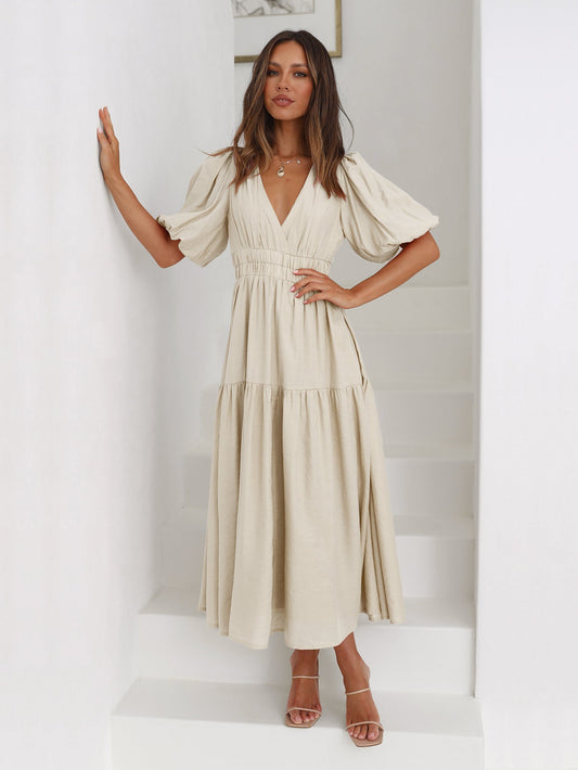 KIMONA SMOCKED SHORT SLEEVE MAXI DRESS - BEIGE