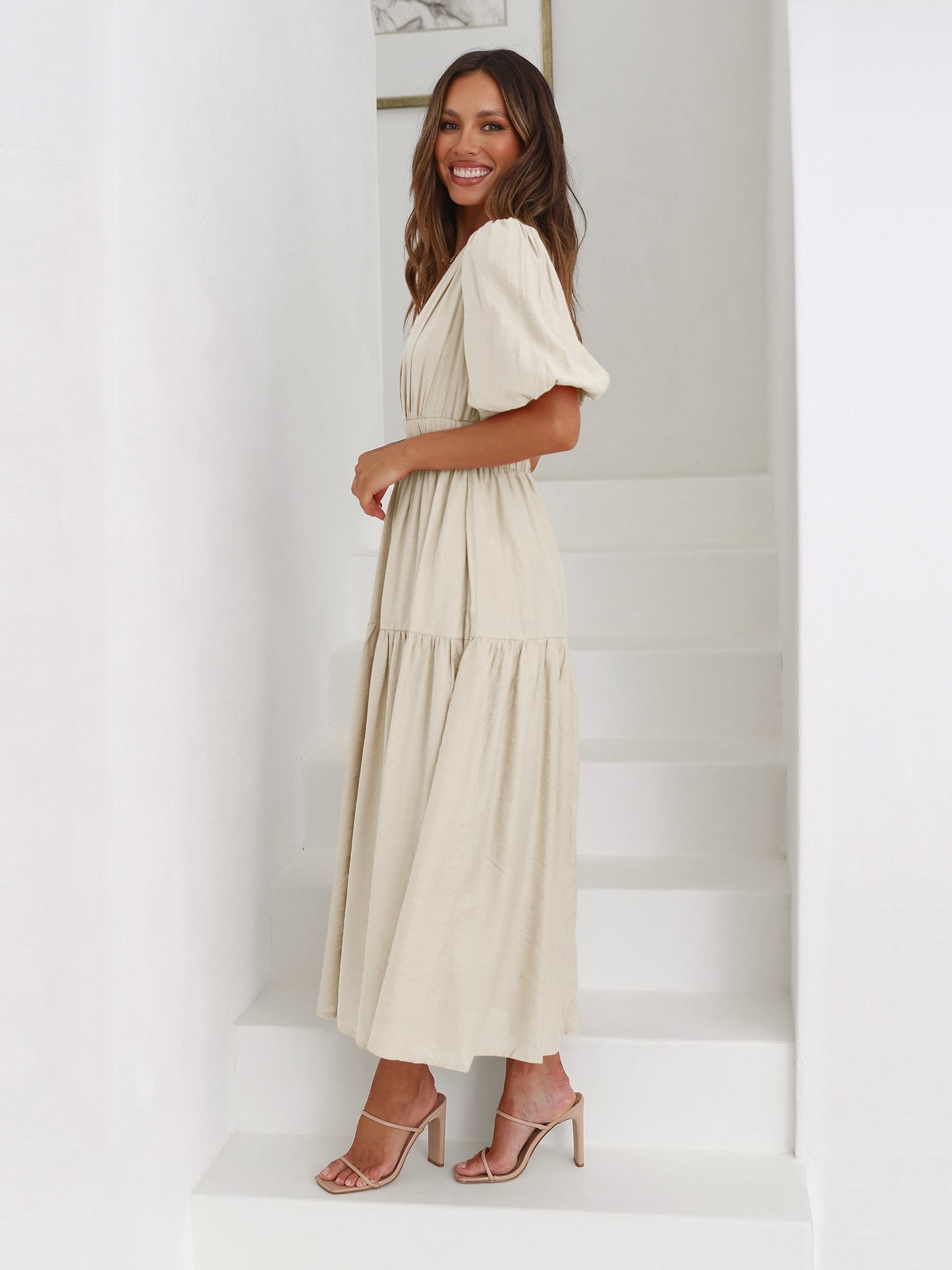 KIMONA SMOCKED SHORT SLEEVE MAXI DRESS - BEIGE