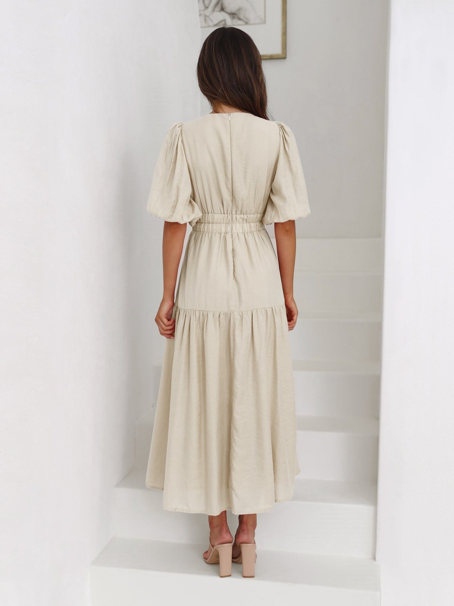 KIMONA SMOCKED SHORT SLEEVE MAXI DRESS - BEIGE
