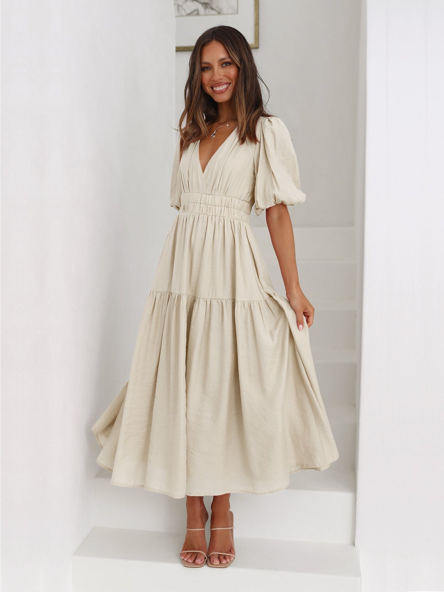 KIMONA SMOCKED SHORT SLEEVE MAXI DRESS - BEIGE