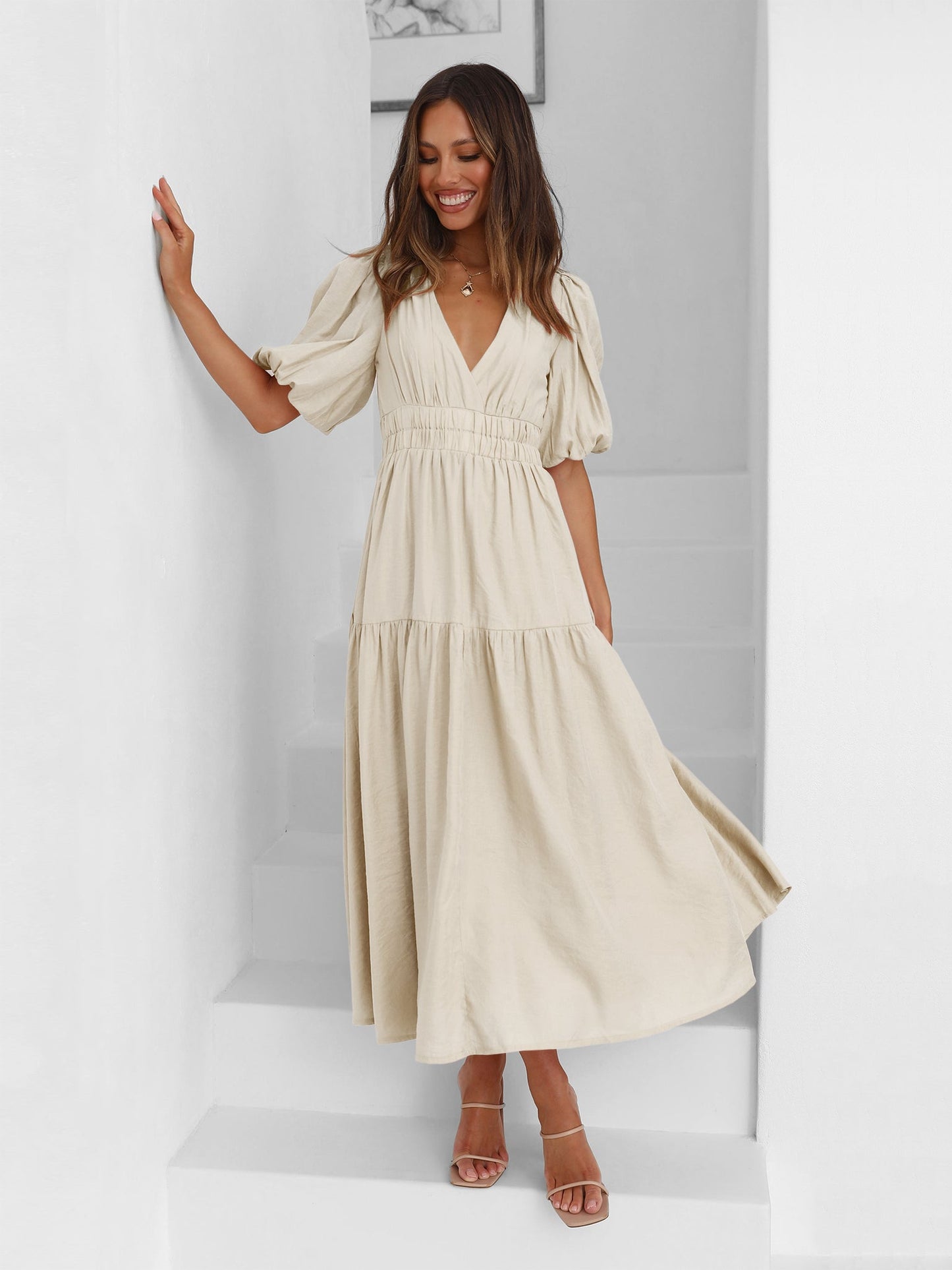 KIMONA SMOCKED SHORT SLEEVE MAXI DRESS - BEIGE