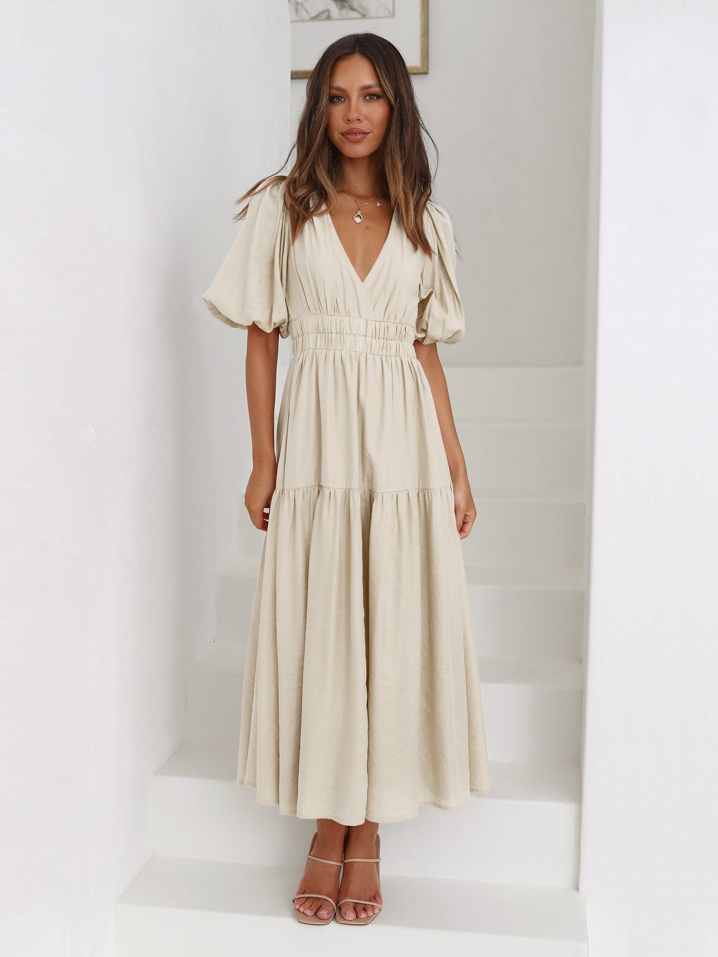 KIMONA SMOCKED SHORT SLEEVE MAXI DRESS - BEIGE