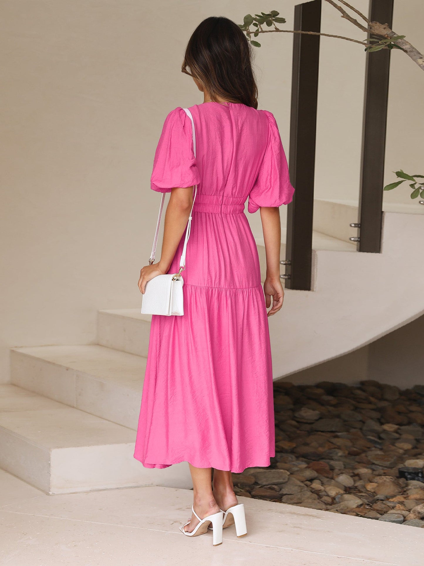 KIMONA SMOCKED SHORT SLEEVE MAXI DRESS - ORCHID