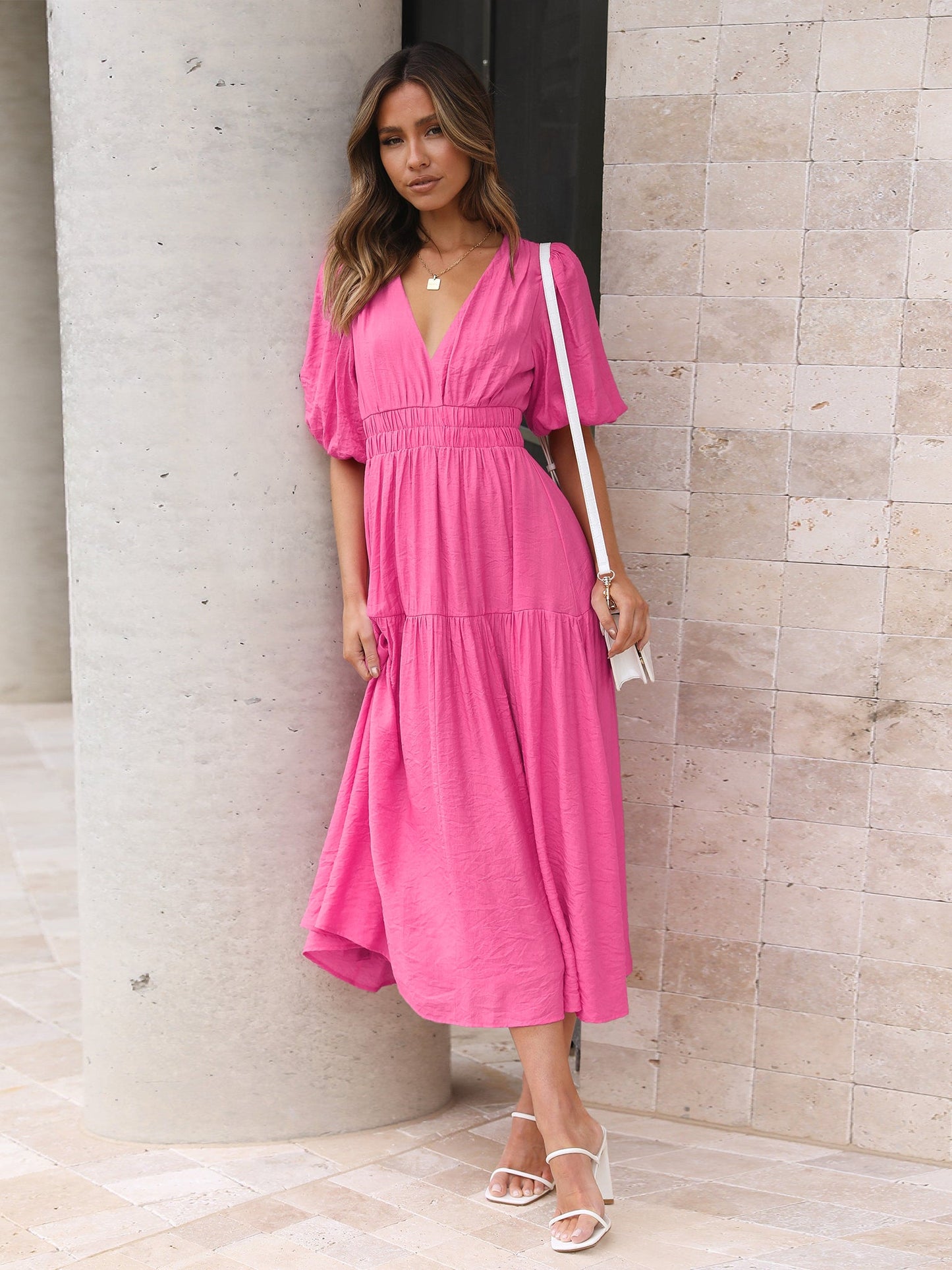 KIMONA SMOCKED SHORT SLEEVE MAXI DRESS - ORCHID