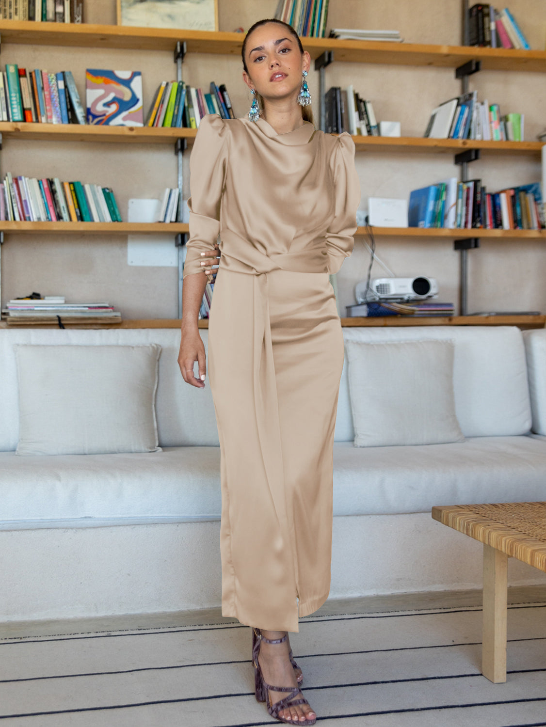 Ximena Satin Long Sleeve Midi Dress - Champagne