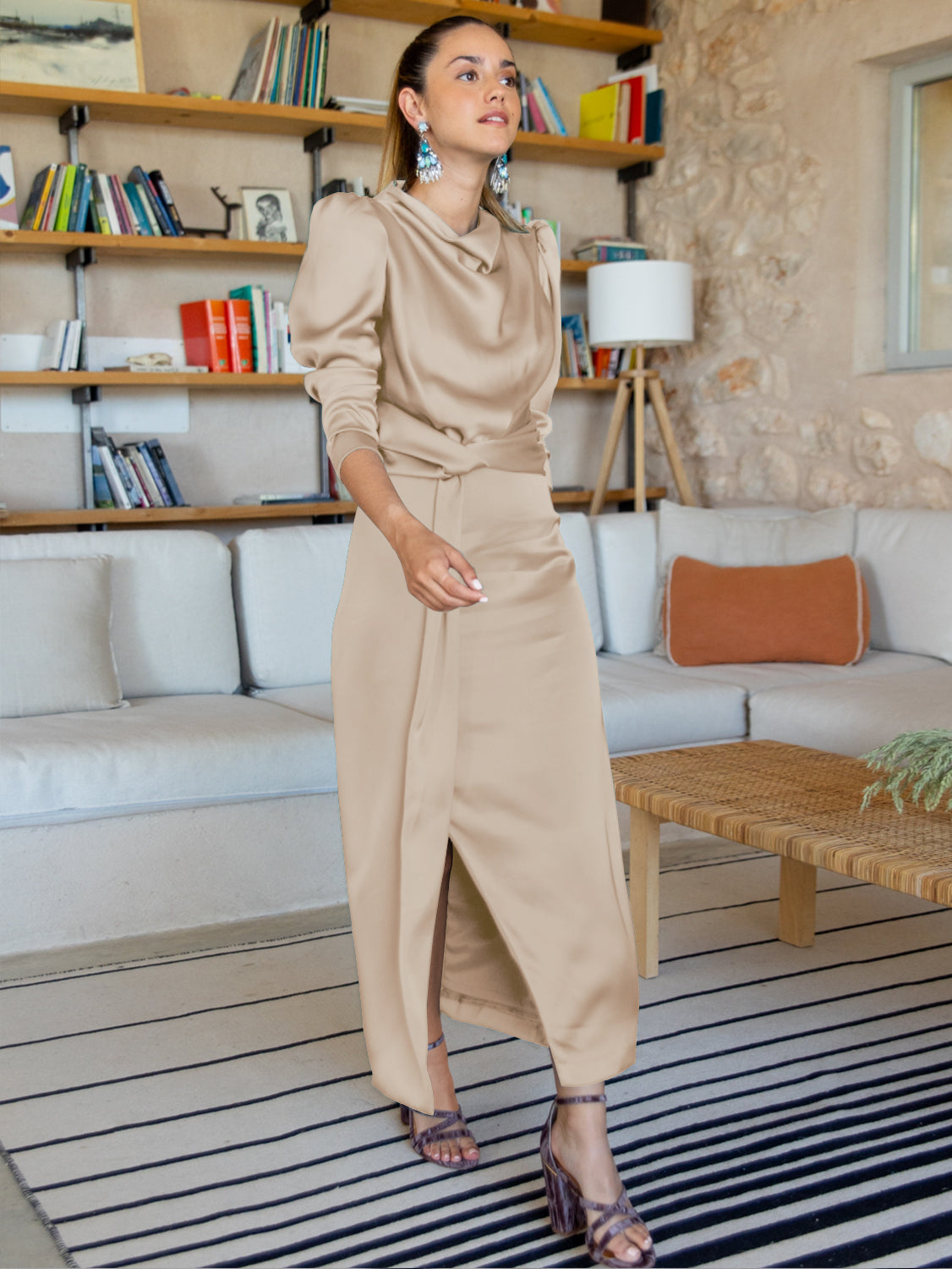 Ximena Satin Long Sleeve Midi Dress - Champagne