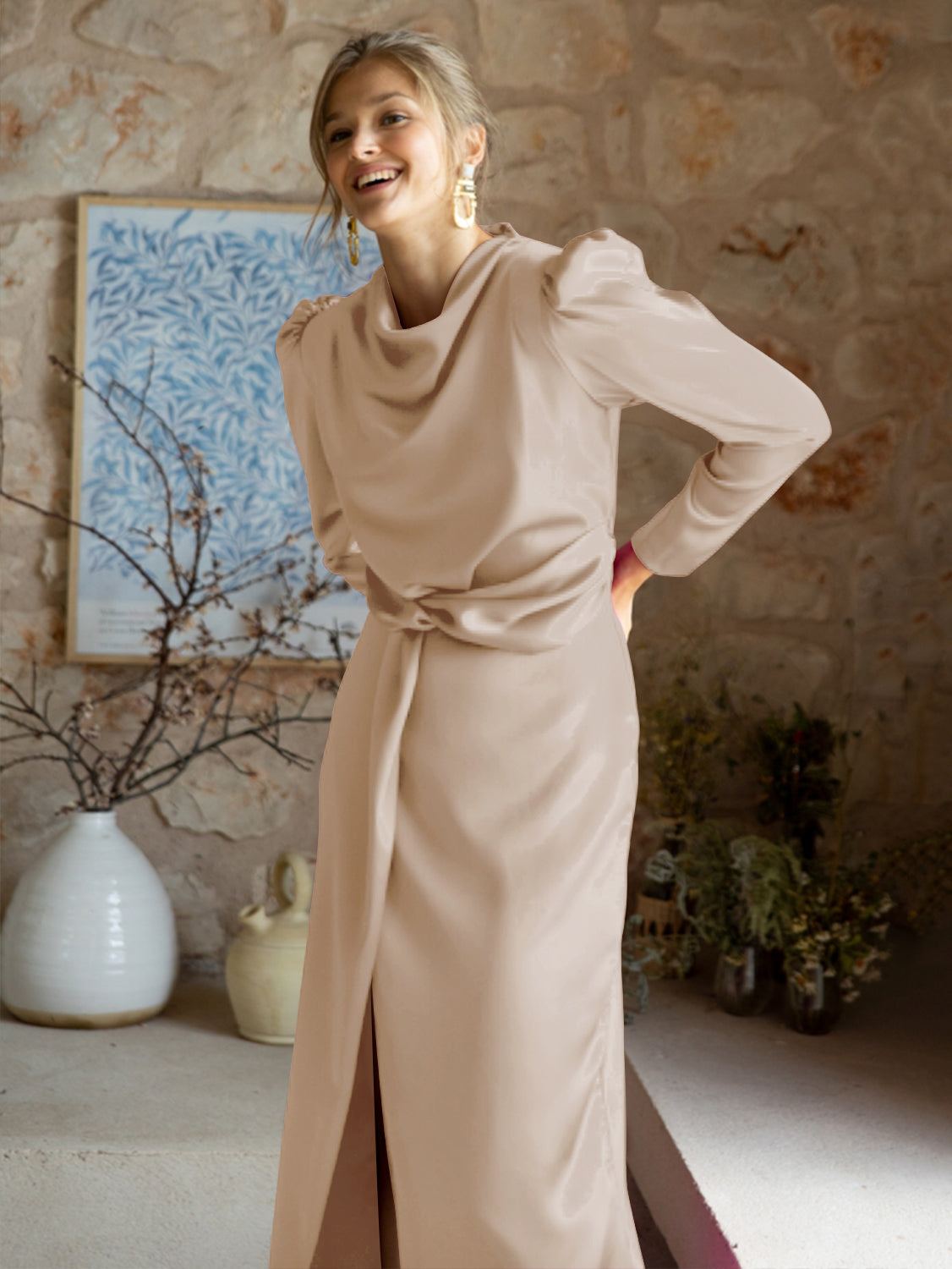Ximena Satin Long Sleeve Midi Dress - Champagne