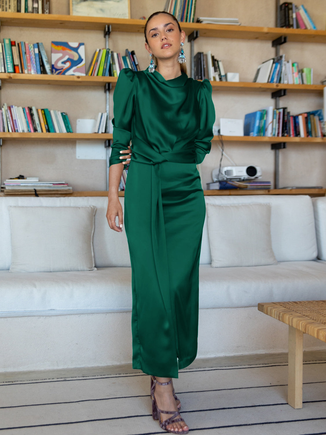 Ximena Satin Long Sleeve Midi Dress - Emerald