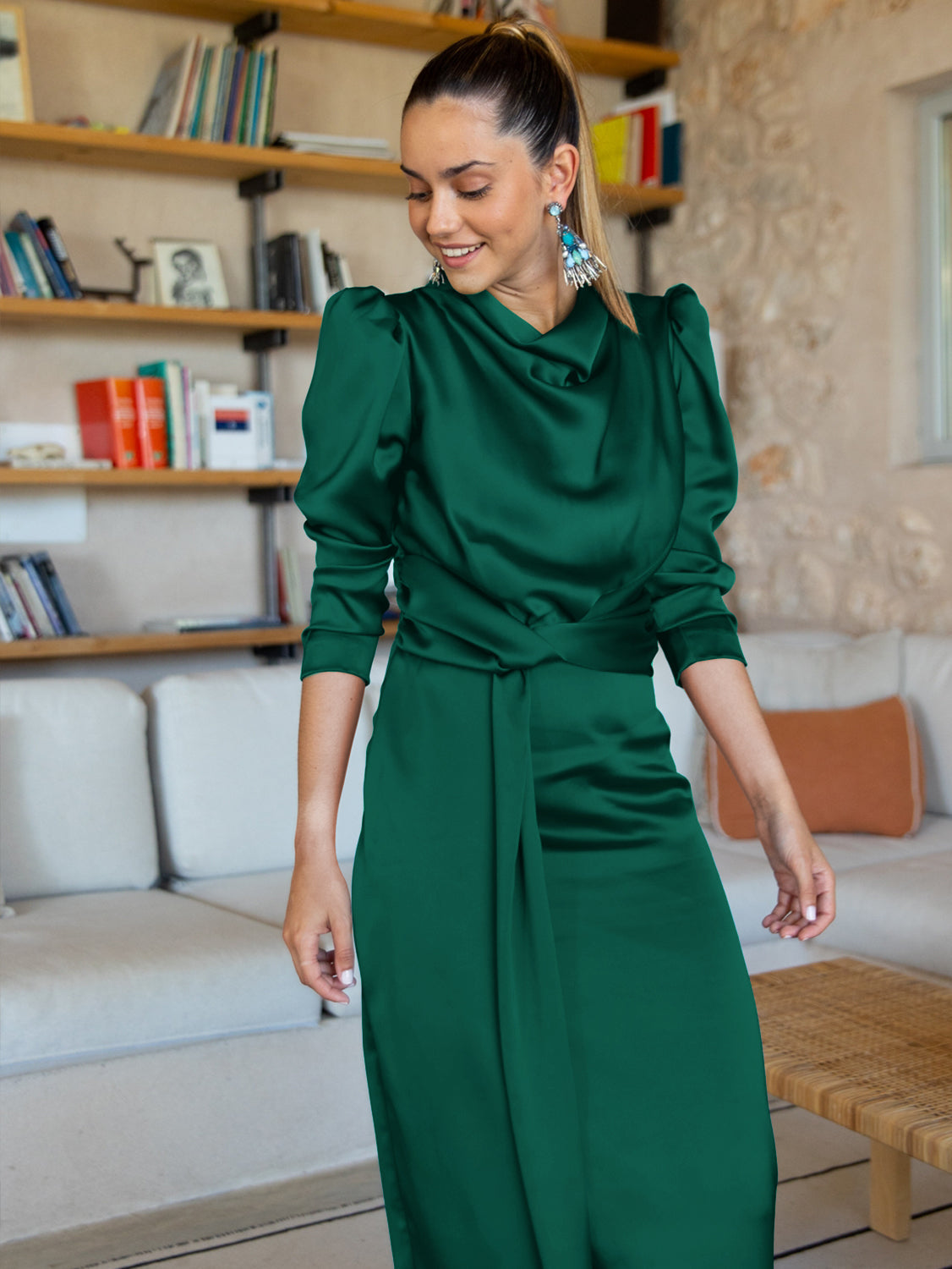 Ximena Satin Long Sleeve Midi Dress - Emerald