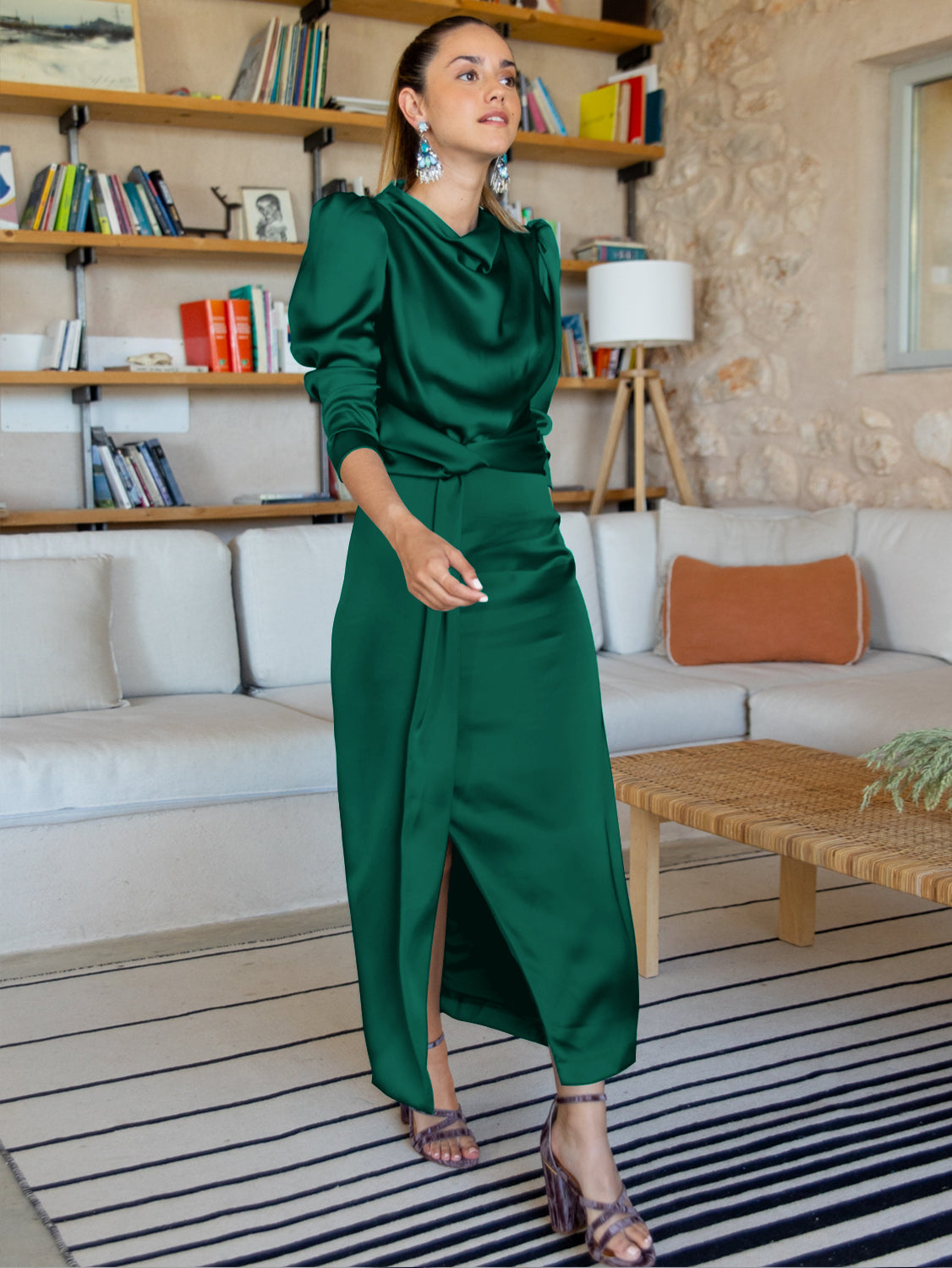 Ximena Satin Long Sleeve Midi Dress - Emerald
