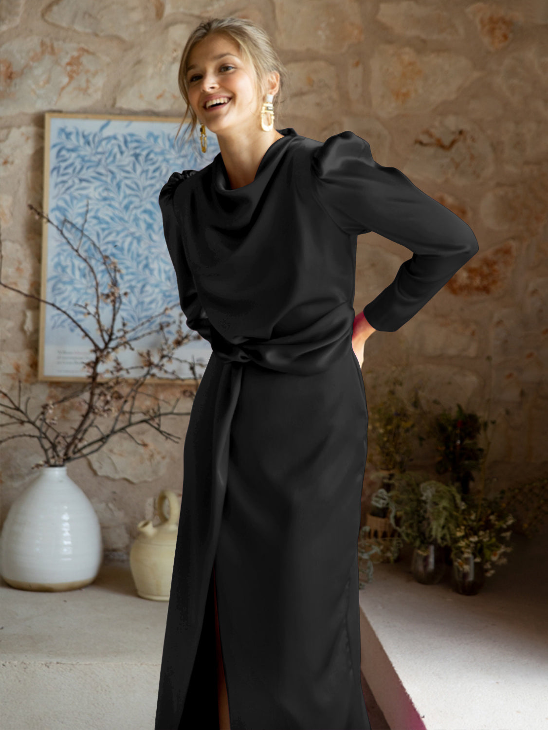 Ximena Satin Long Sleeve Midi Dress - Black