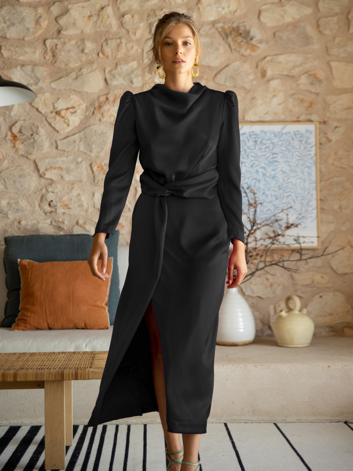 Ximena Satin Long Sleeve Midi Dress - Black