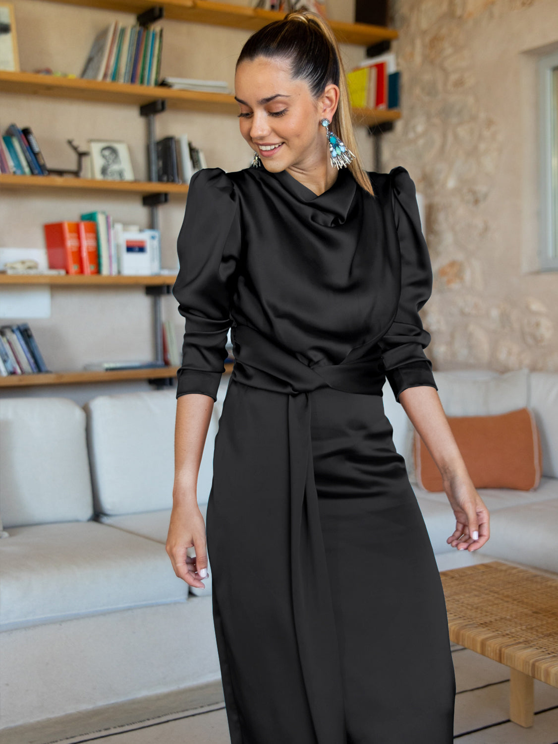Ximena Satin Long Sleeve Midi Dress - Black