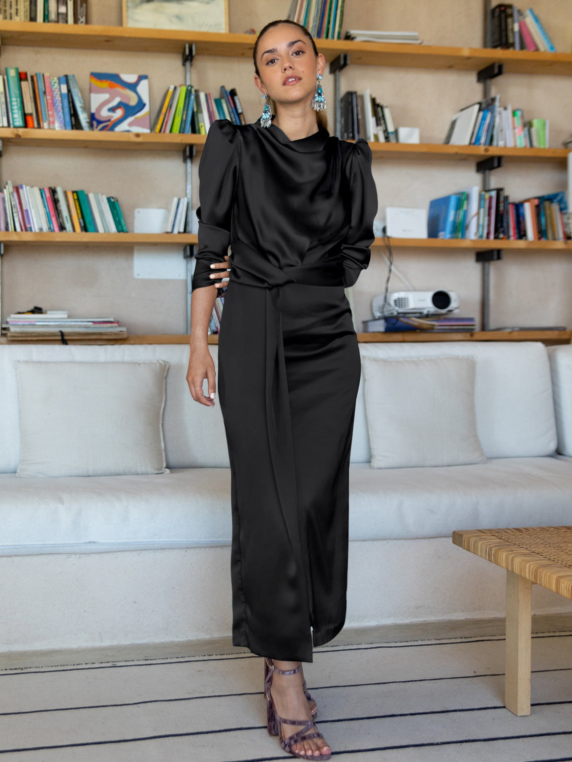 Ximena Satin Long Sleeve Midi Dress - Black