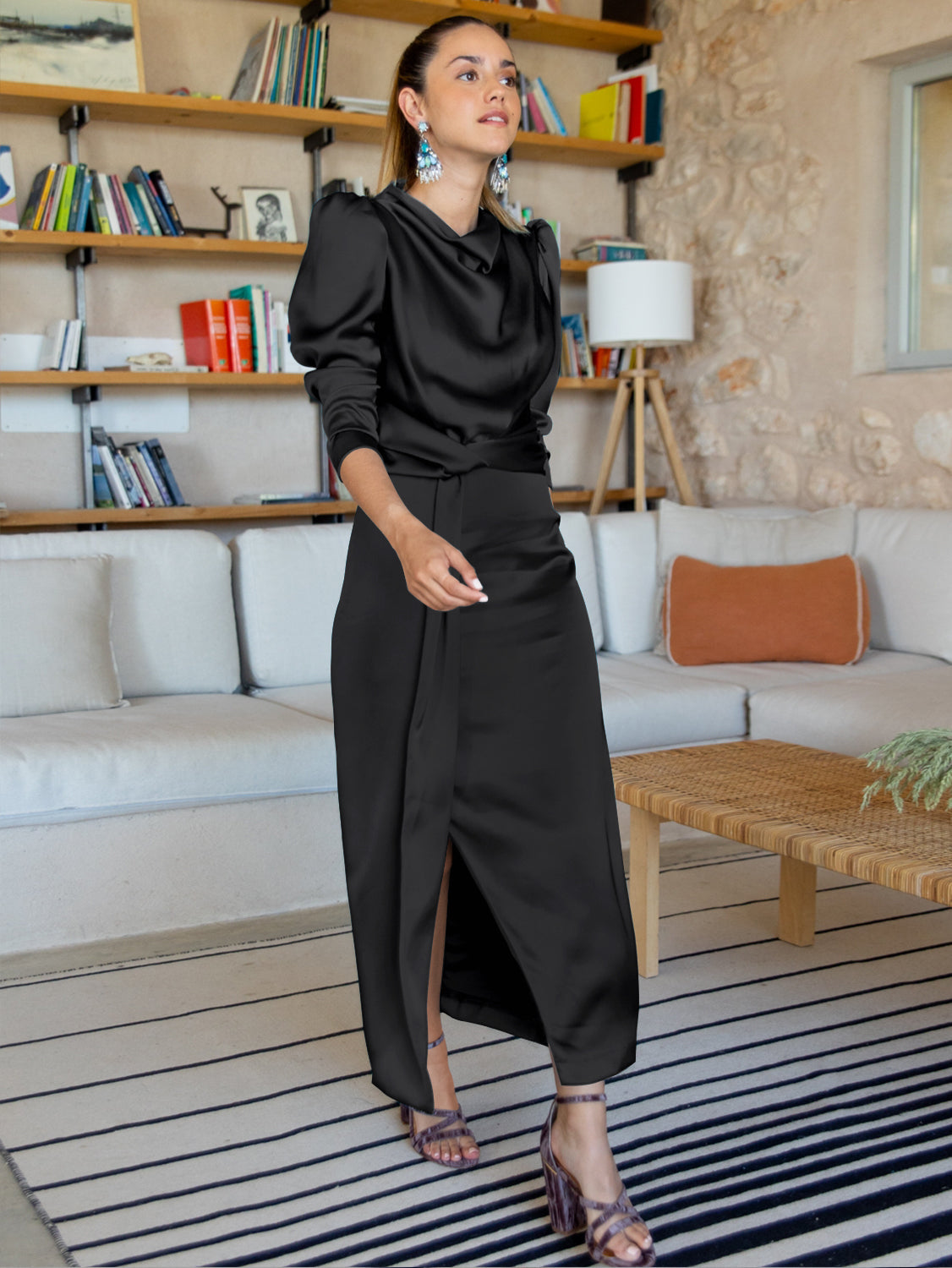 Ximena Satin Long Sleeve Midi Dress - Black
