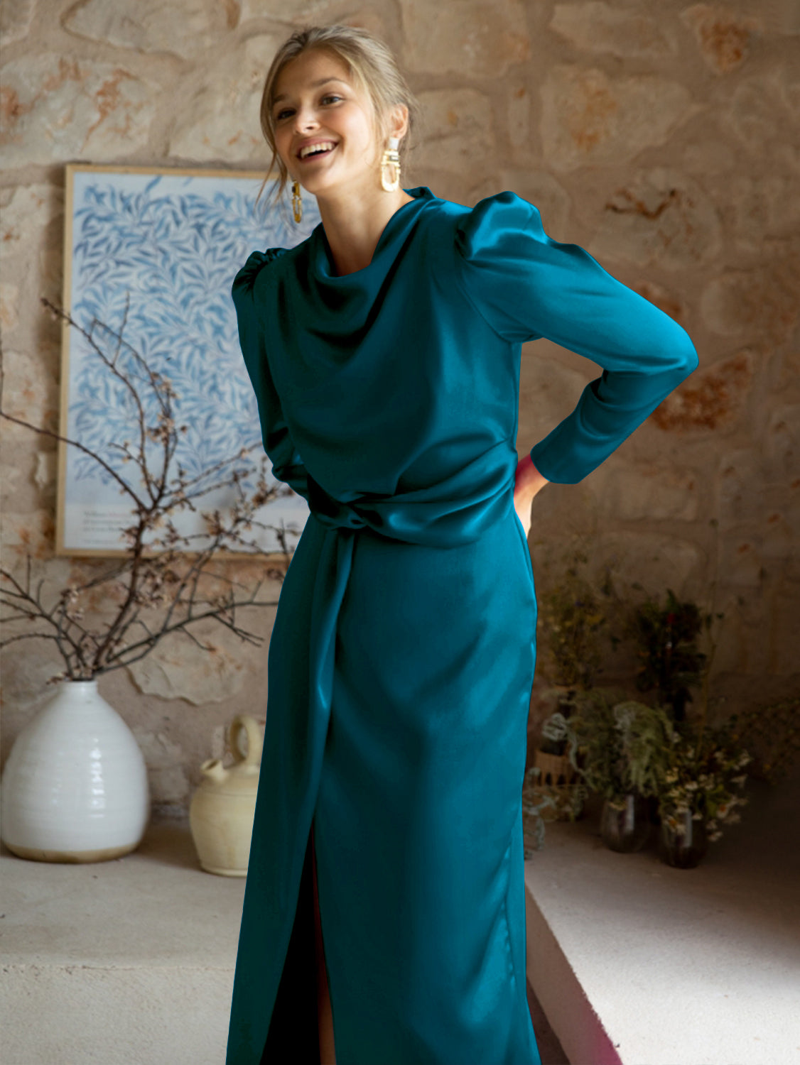 Ximena Satin Long Sleeve Midi Dress - Teal