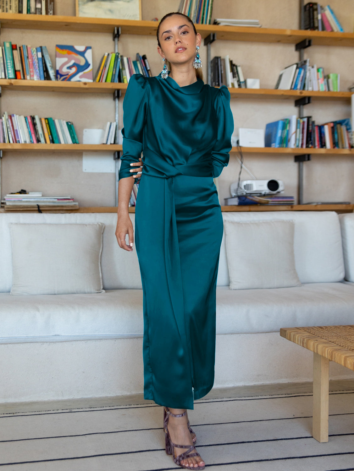 Ximena Satin Long Sleeve Midi Dress - Teal