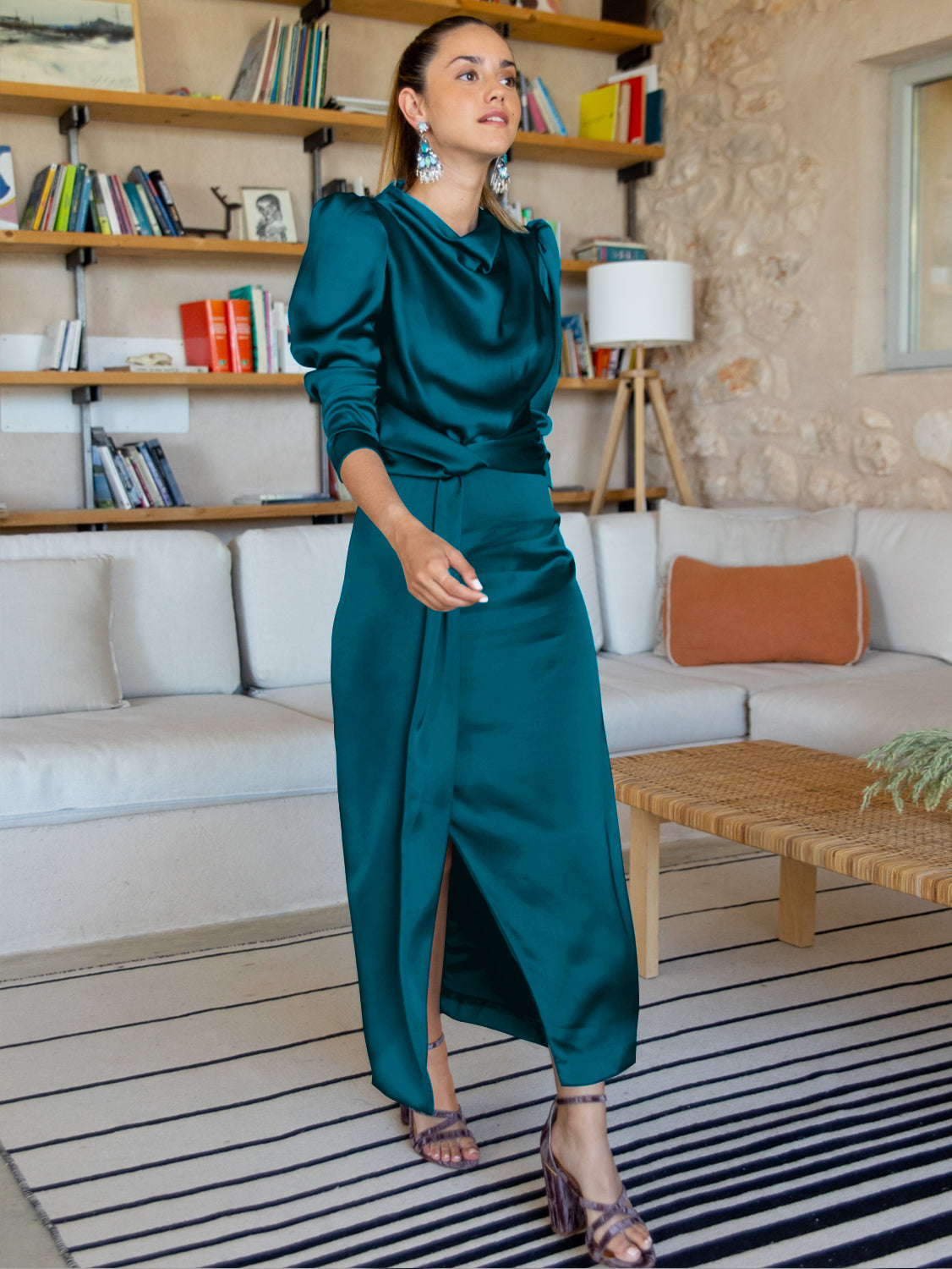 Ximena Satin Long Sleeve Midi Dress - Teal
