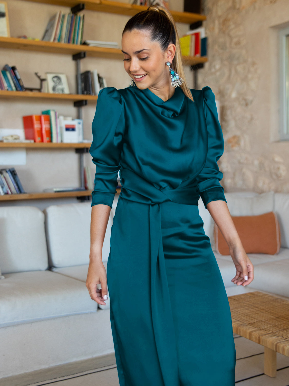 Ximena Satin Long Sleeve Midi Dress - Teal