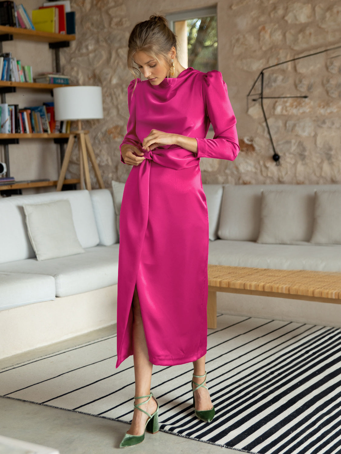 Ximena Satin Long Sleeve Midi Dress - Fuchsia