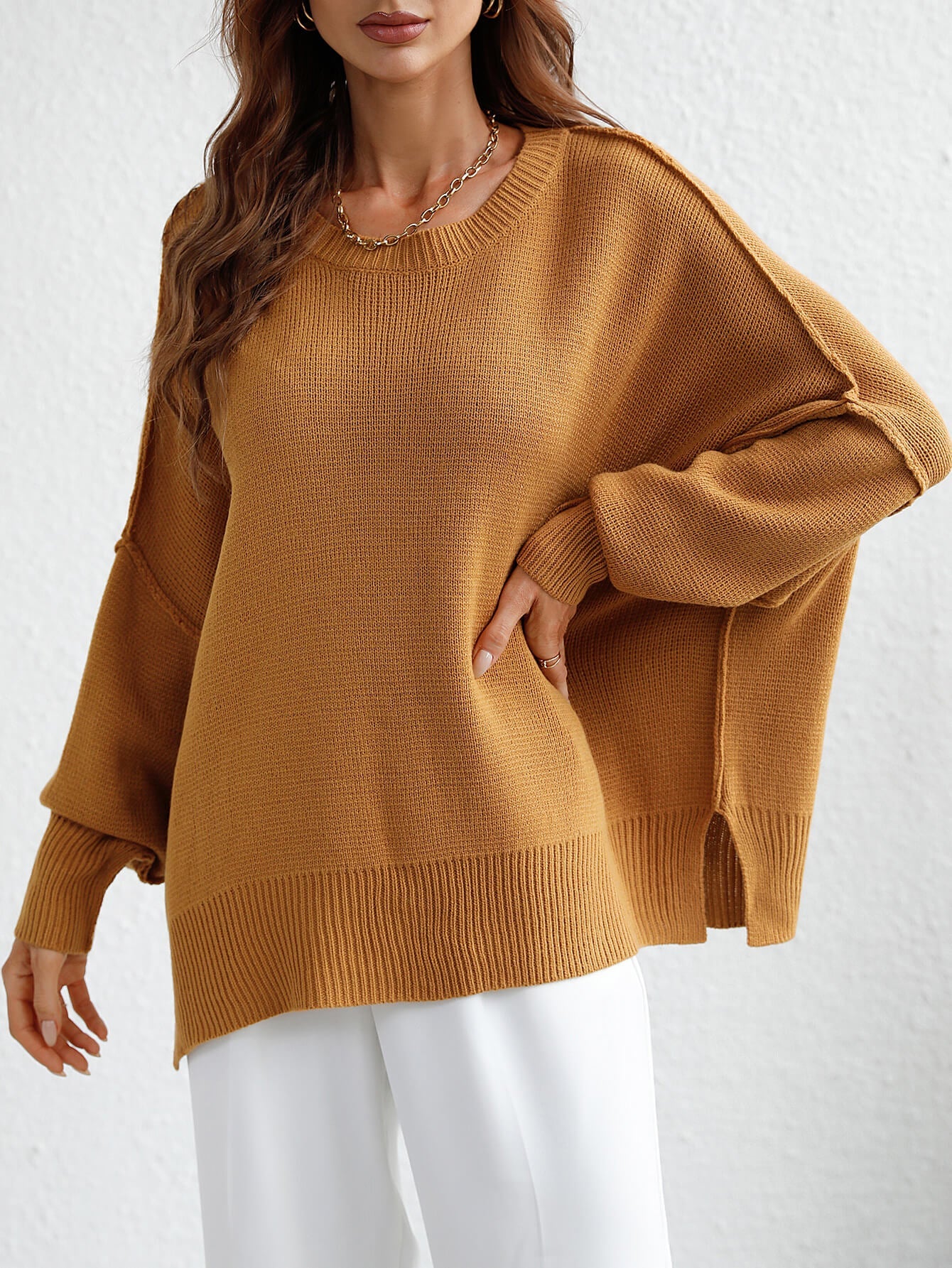 OVERSIZED BATWING SLEEVE KNIT SWEATER - GINGER