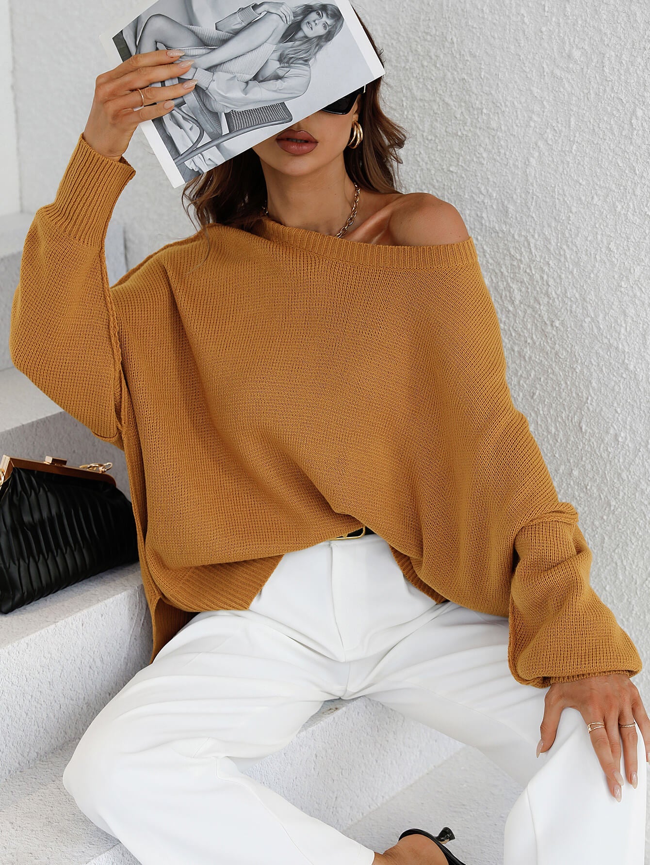 OVERSIZED BATWING SLEEVE KNIT SWEATER - GINGER
