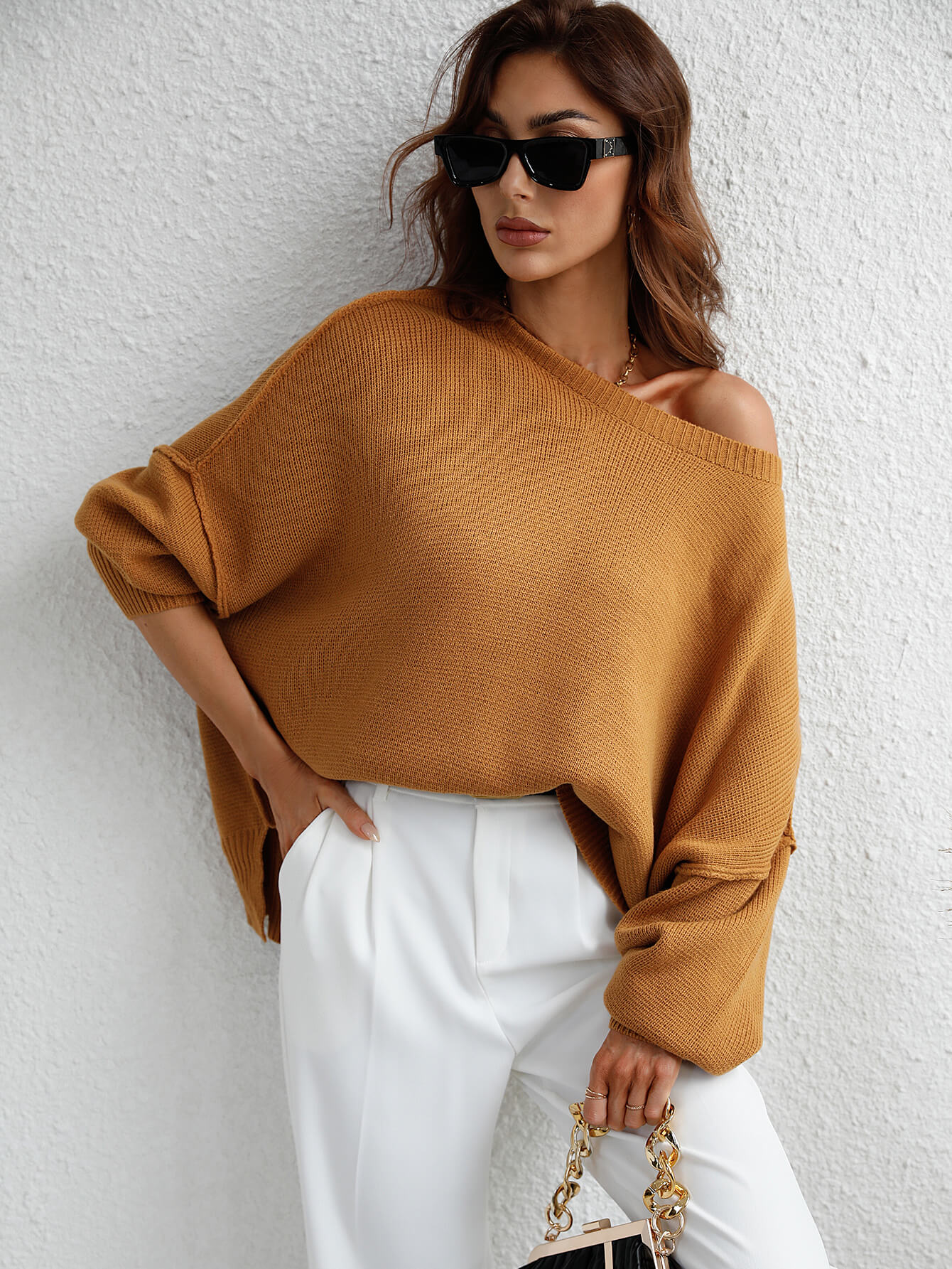 OVERSIZED BATWING SLEEVE KNIT SWEATER - GINGER