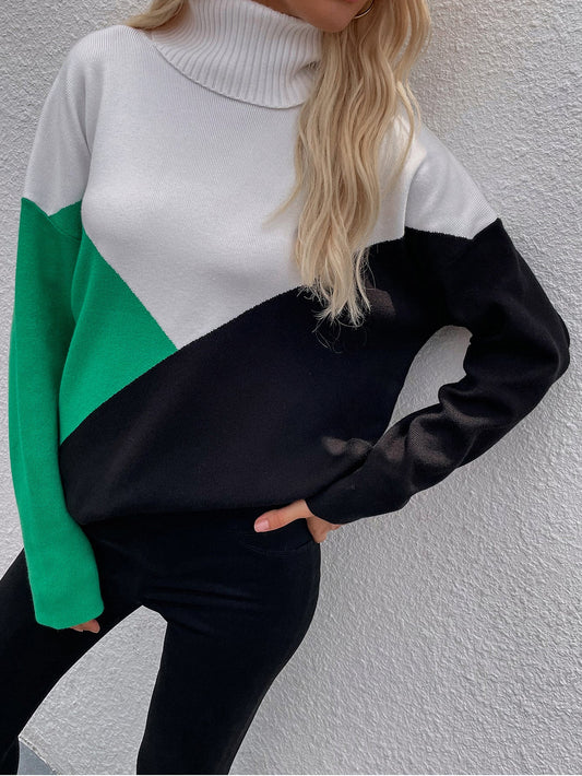 Calistally | DULCIE Green Color Block Turtleneck Knit Sweater