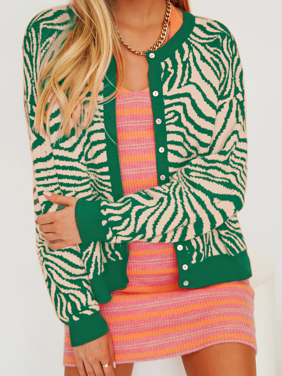 Calistally | Tiger Year Animal Patterned Knit Cardigan - Green