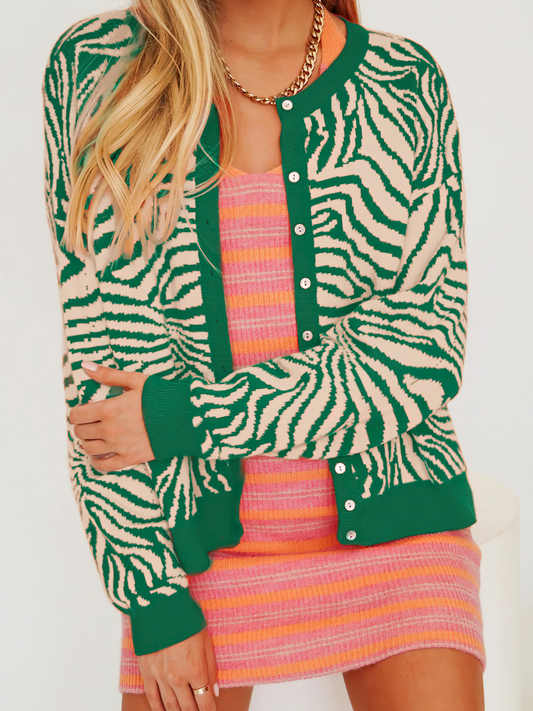 Calistally | Tiger Year Animal Patterned Knit Cardigan - Green