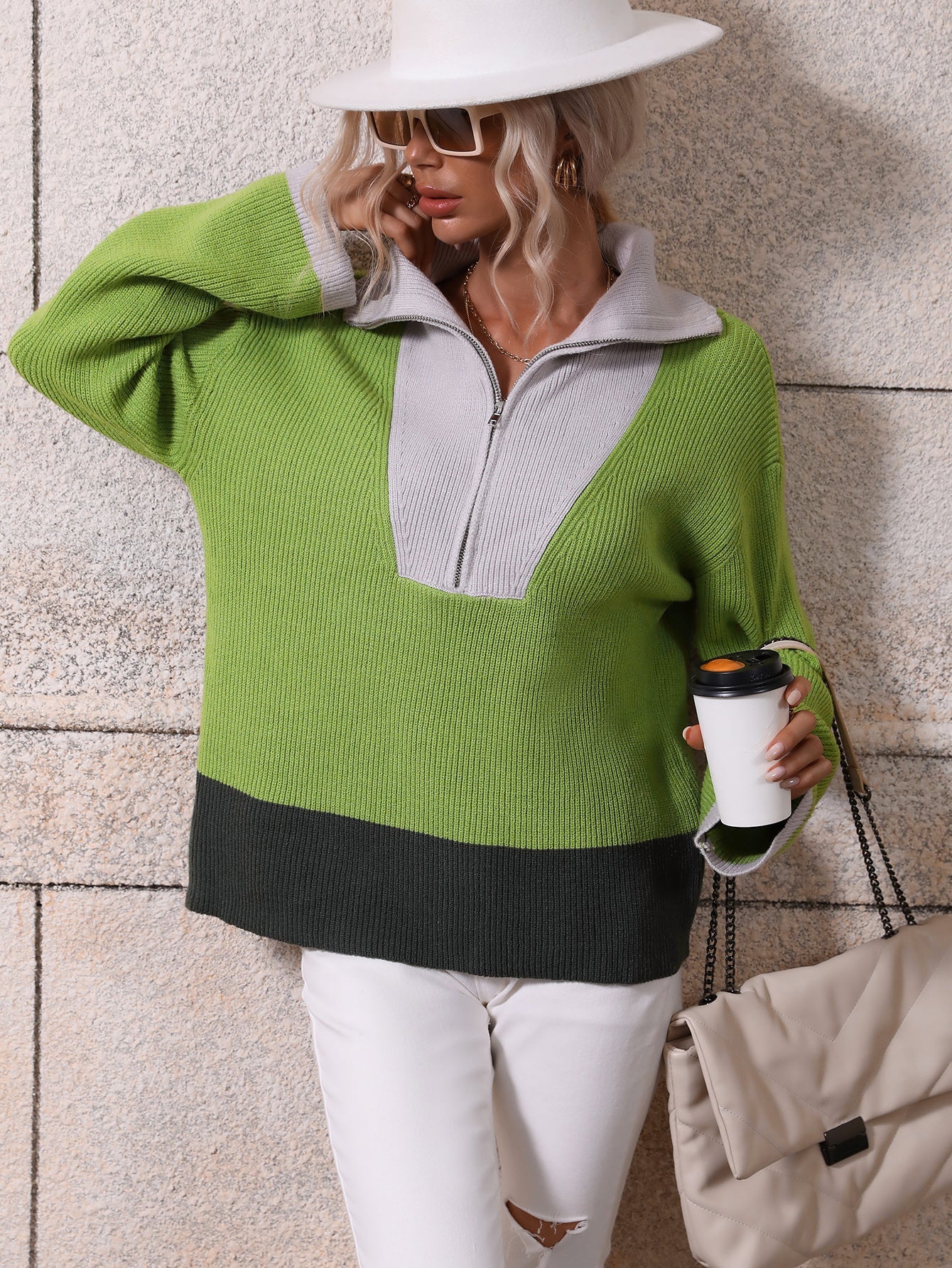 MIND AT EASE KNIT HALF ZIP PULLOVER - GREEN