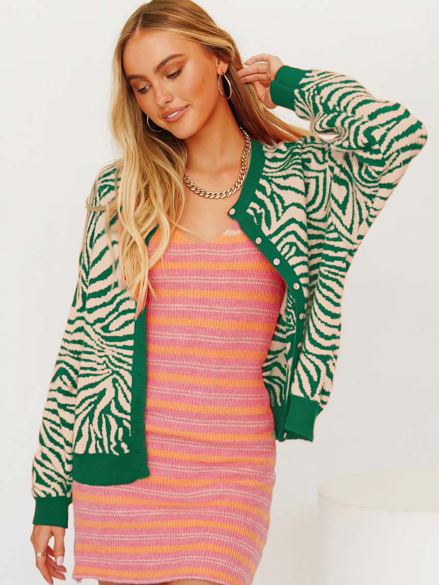 Calistally | Tiger Year Animal Patterned Knit Cardigan - Green