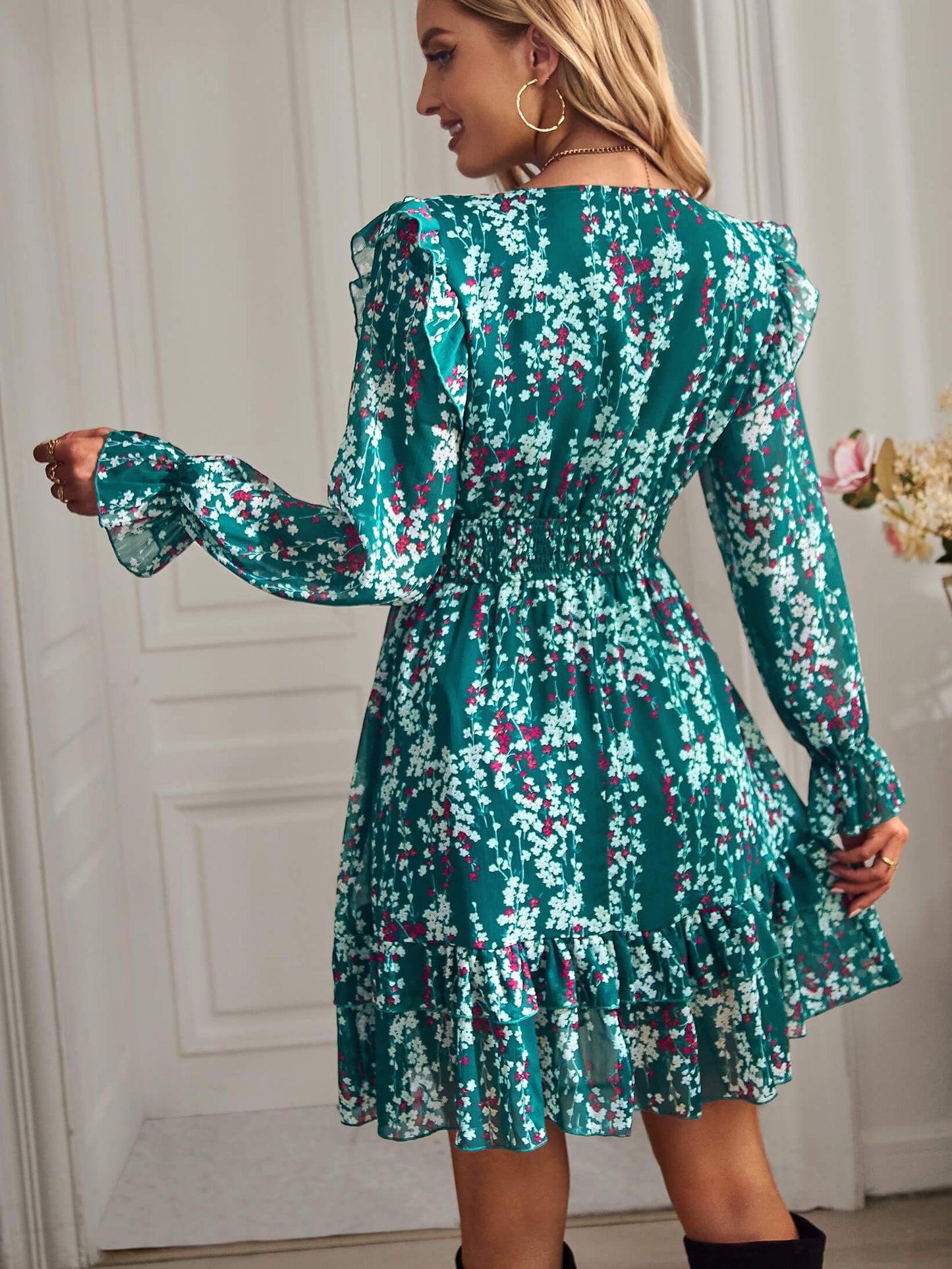SHOWER ME IN FLORALS MINI DRESS - GREEN