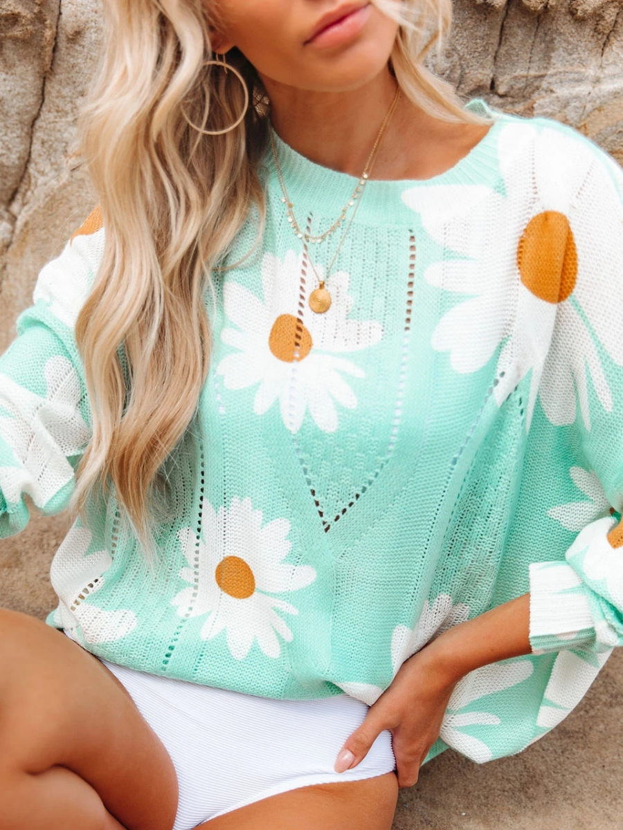 Calistally | Perforated Sunflower Patterned Knit Top - Green