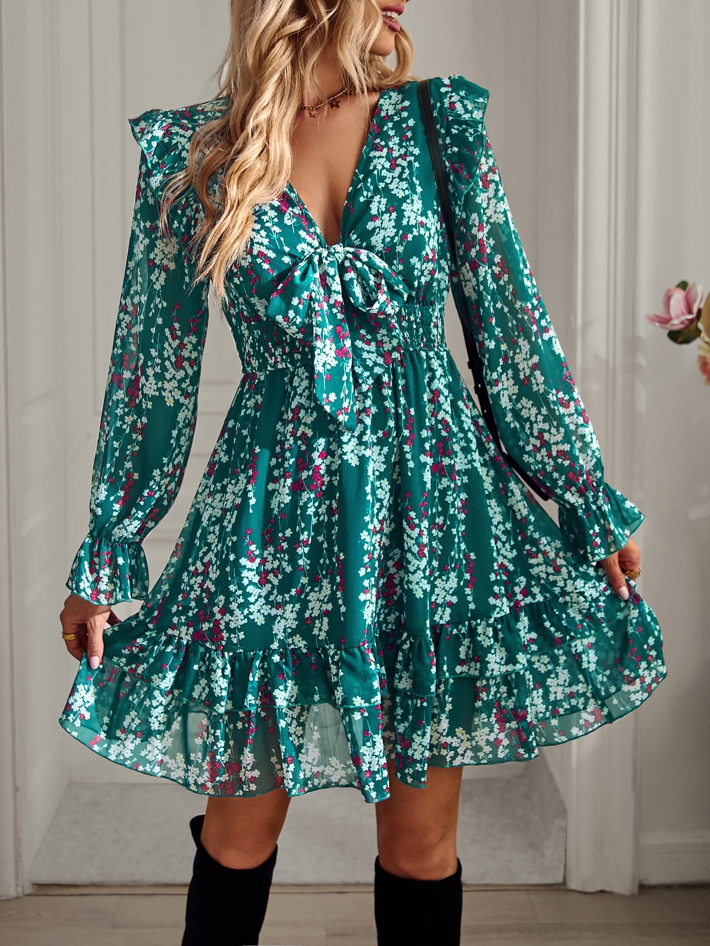SHOWER ME IN FLORALS MINI DRESS - GREEN