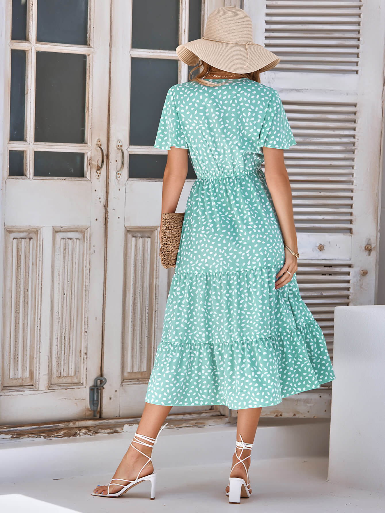 CHARLIE SHORT SLEEVE SPOT MIDI DRESS - GREEN