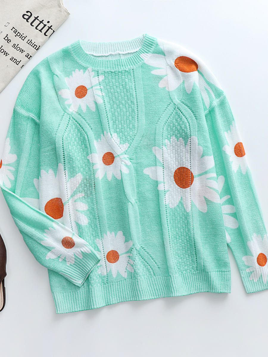 Calistally | Perforated Sunflower Patterned Knit Top - Green