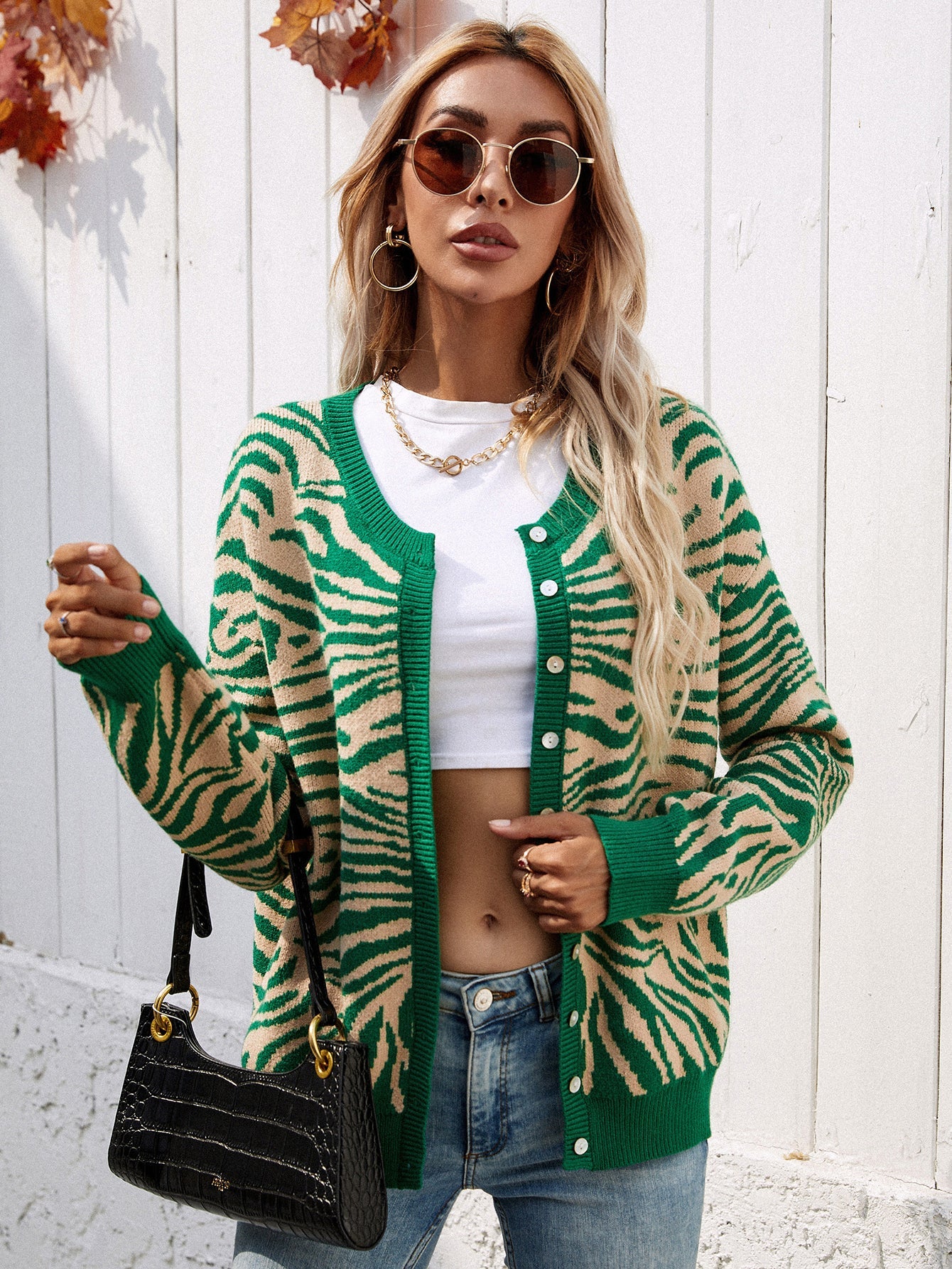 Calistally | Tiger Year Animal Patterned Knit Cardigan - Green