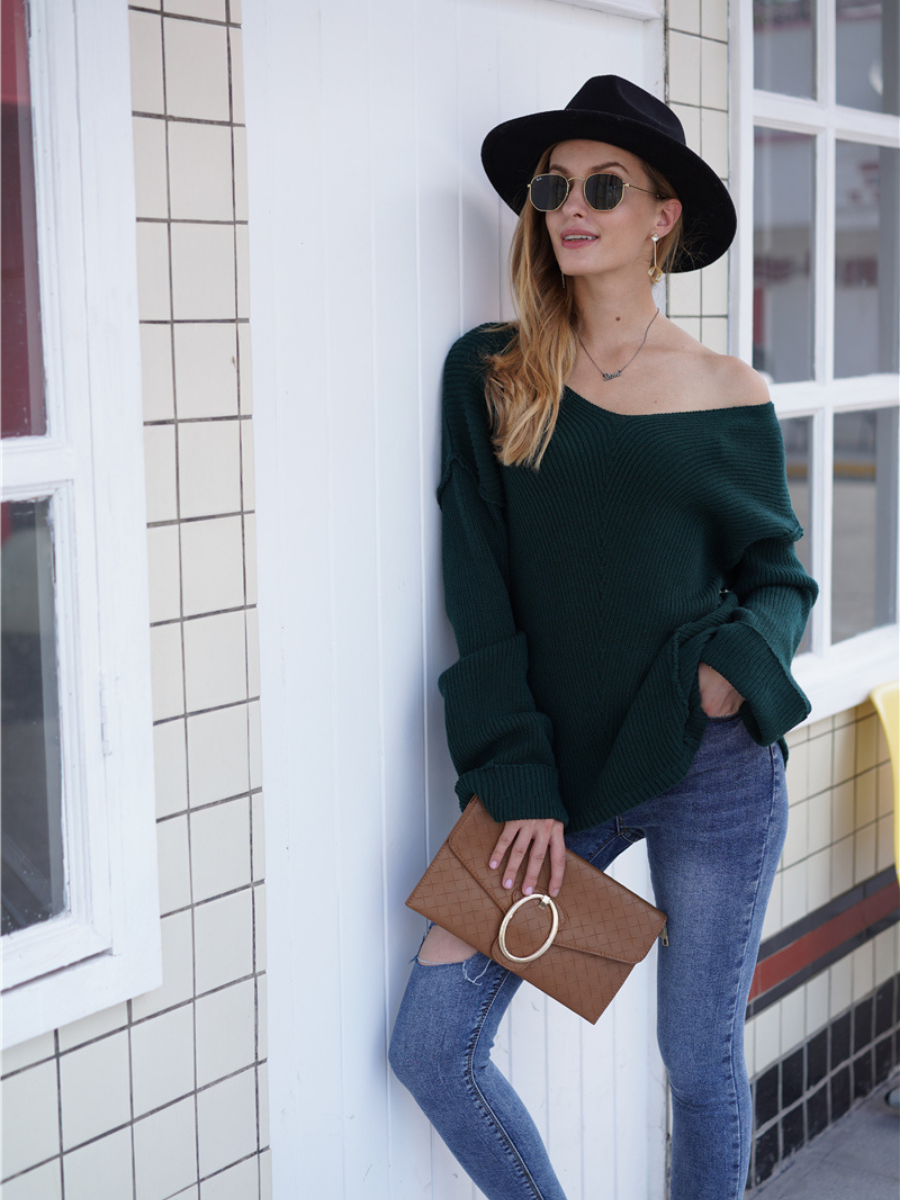Calistally | MACHE Low V-Neck Oversize Sleeve Knit Top - Green