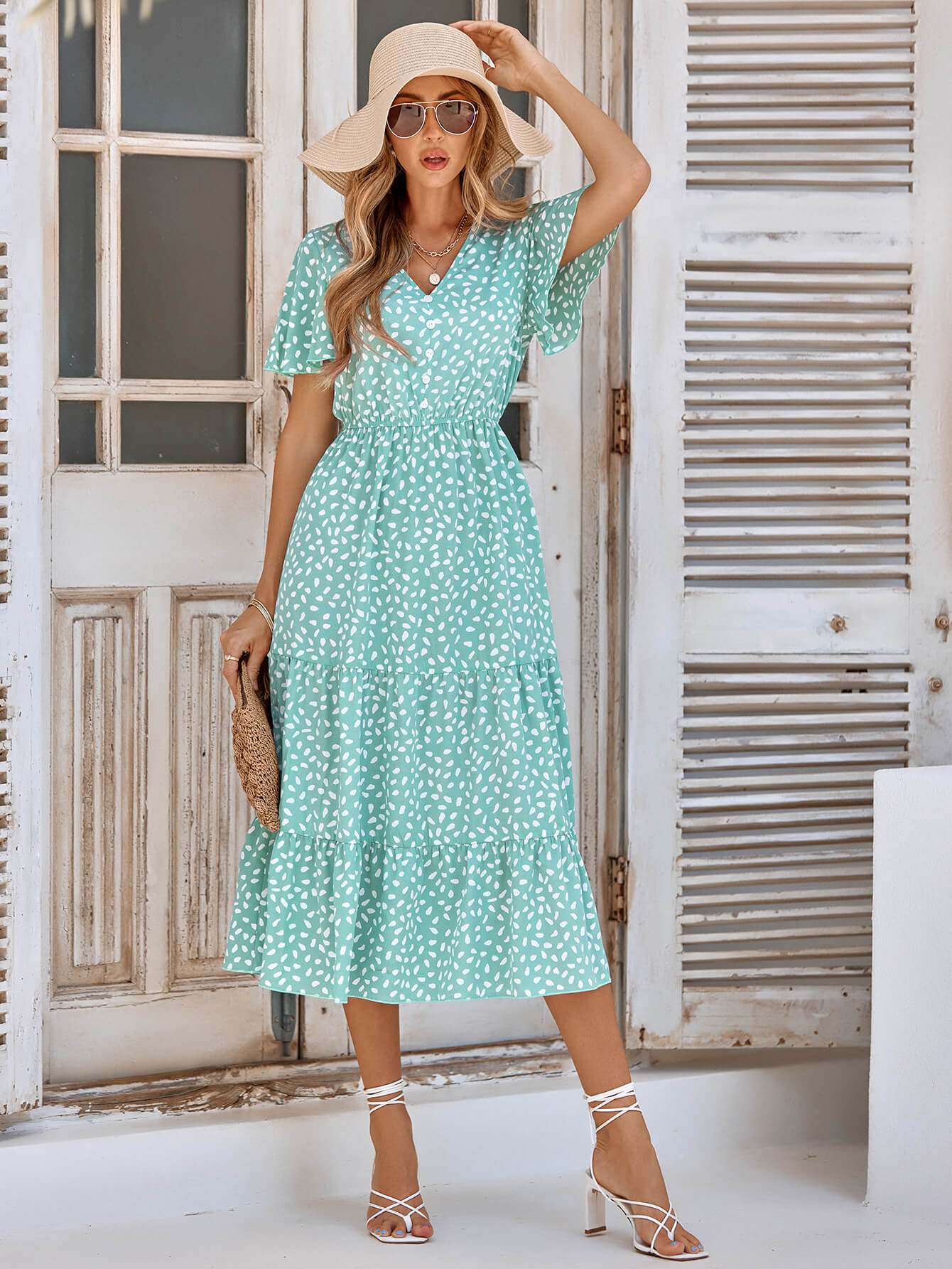 CHARLIE SHORT SLEEVE SPOT MIDI DRESS - GREEN