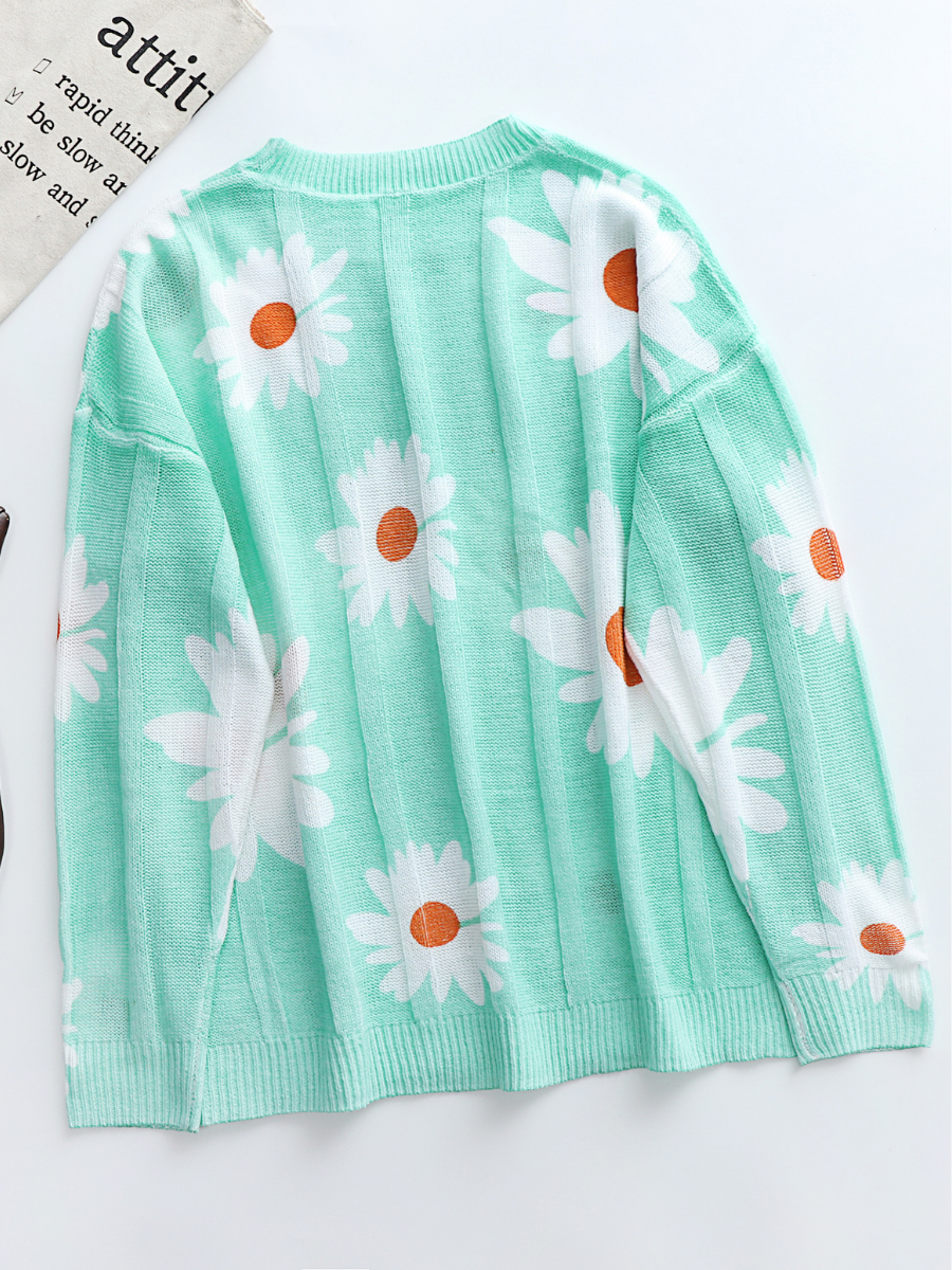 Calistally | Perforated Sunflower Patterned Knit Top - Green
