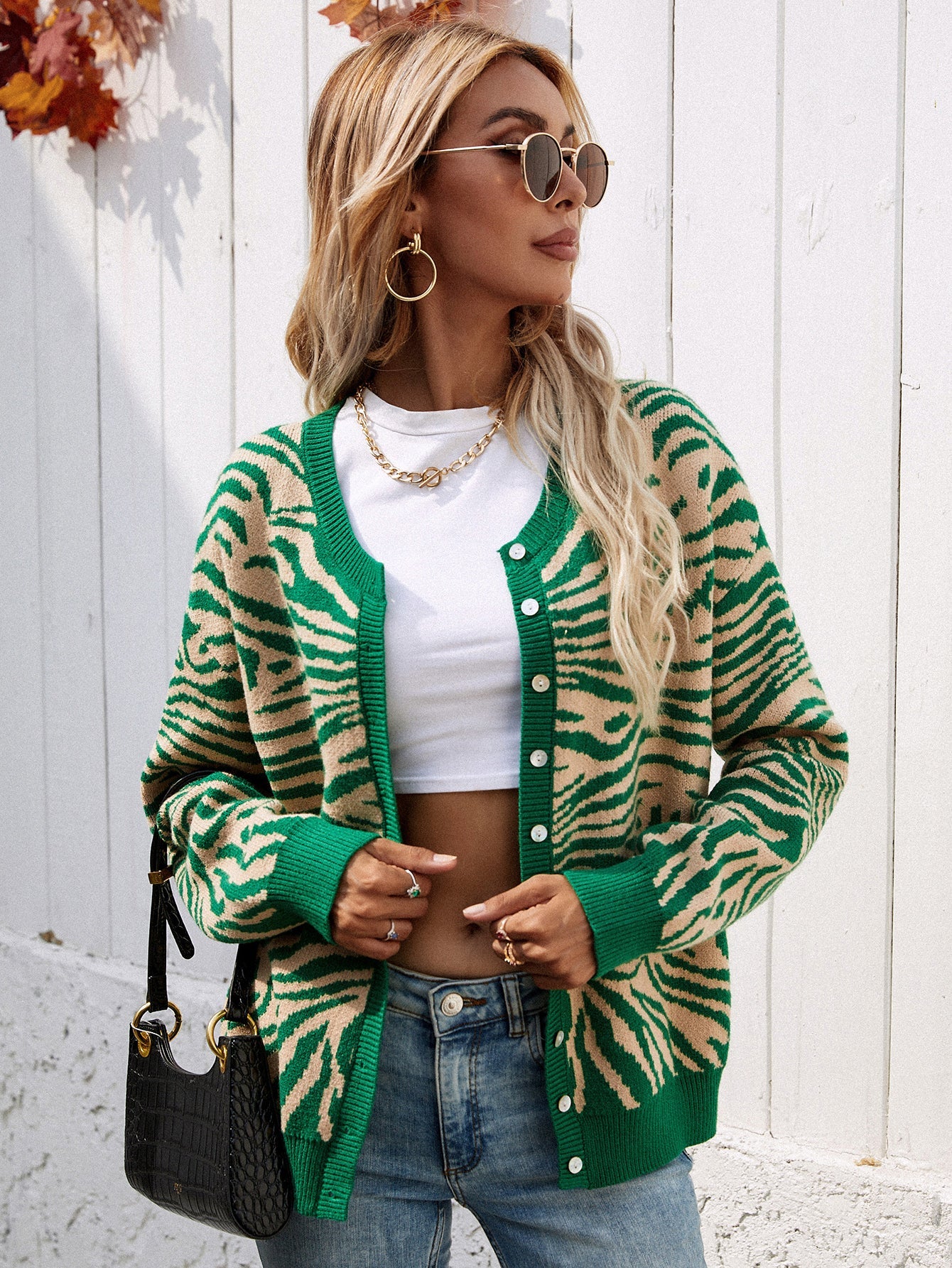Calistally | Tiger Year Animal Patterned Knit Cardigan - Green