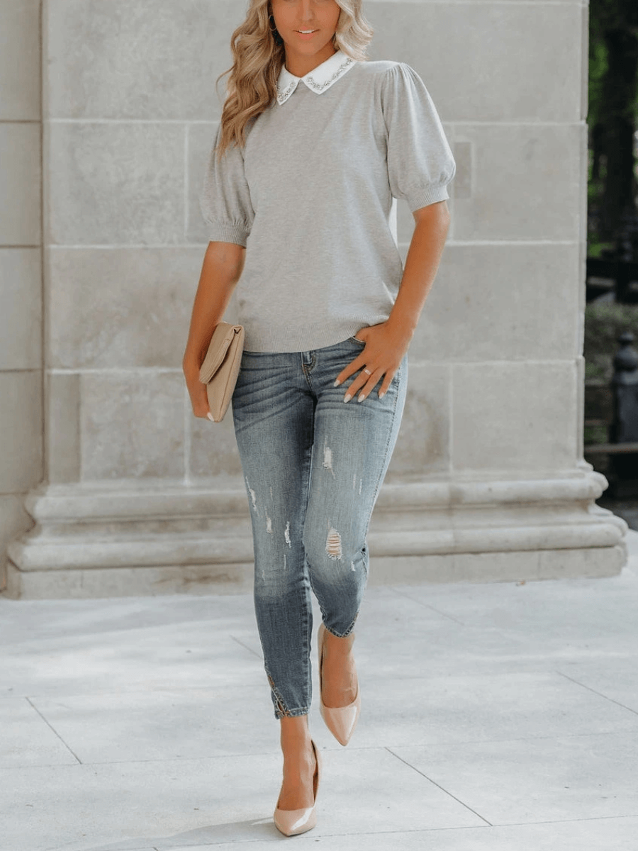 RHINESTONE COLLAR KNIT TOP - GREY