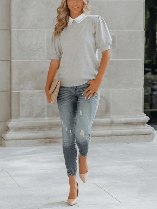RHINESTONE COLLAR KNIT TOP - GREY