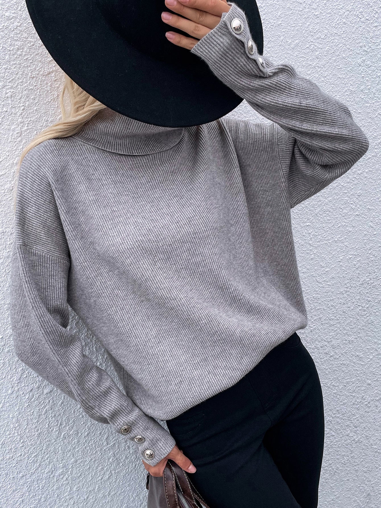 Calistally | Grey Oversized Collar Turtleneck Knit Sweater