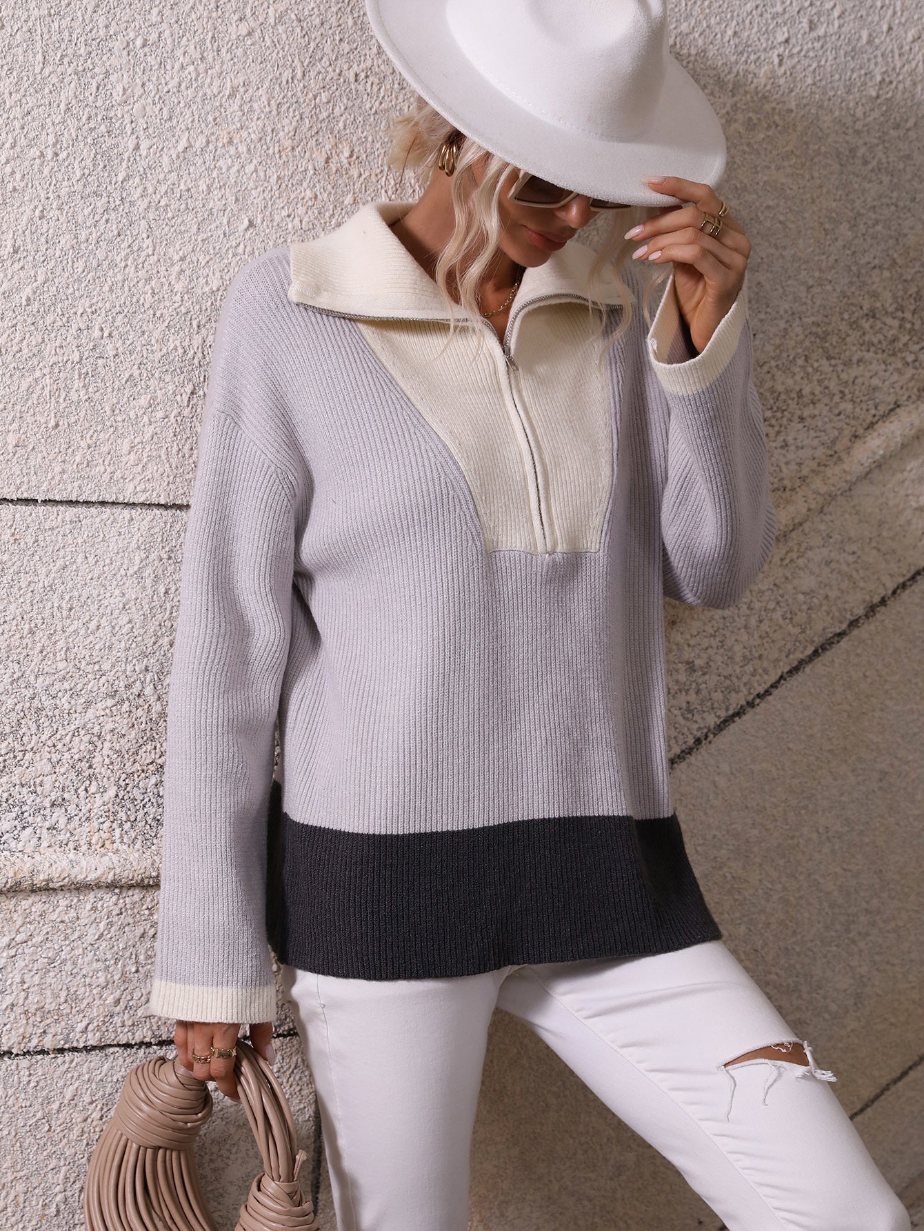 MIND AT EASE KNIT HALF ZIP PULLOVER - GREY