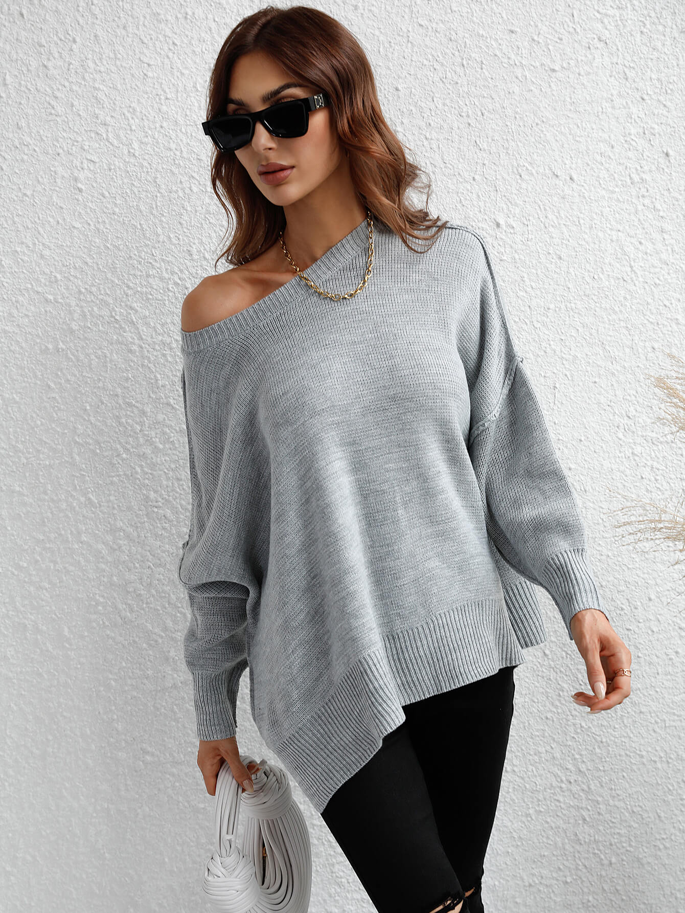 OVERSIZED BATWING SLEEVE KNIT SWEATER - GREY