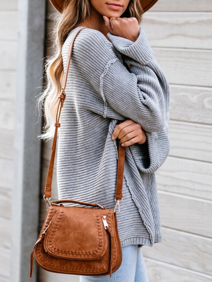 Calistally | MACHE Low V-Neck Oversize Sleeve Knit Top - Grey